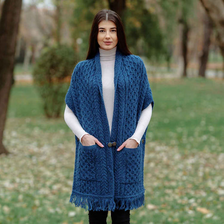 Women's Cable Pattern Pocket Shawl, Marl Blue - Creative Irish Gifts
