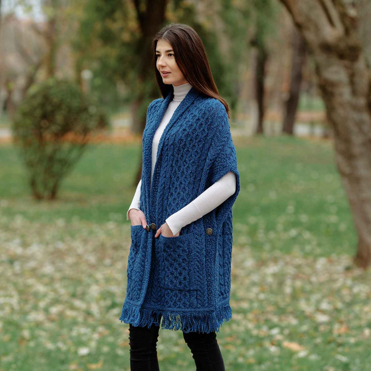 Women's Cable Pattern Pocket Shawl, Marl Blue - Creative Irish Gifts