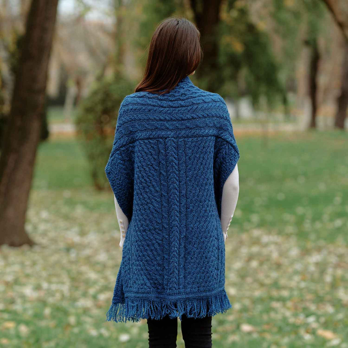 Women's Cable Pattern Pocket Shawl, Marl Blue - Creative Irish Gifts