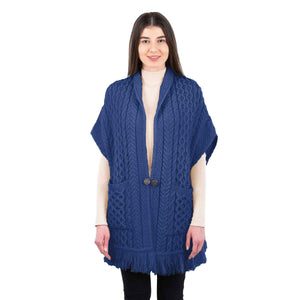 Women's Cable Pattern Pocket Shawl, Marl Blue - Creative Irish Gifts