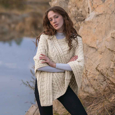 Women's Cable Knit Poncho, Natural - Creative Irish Gifts