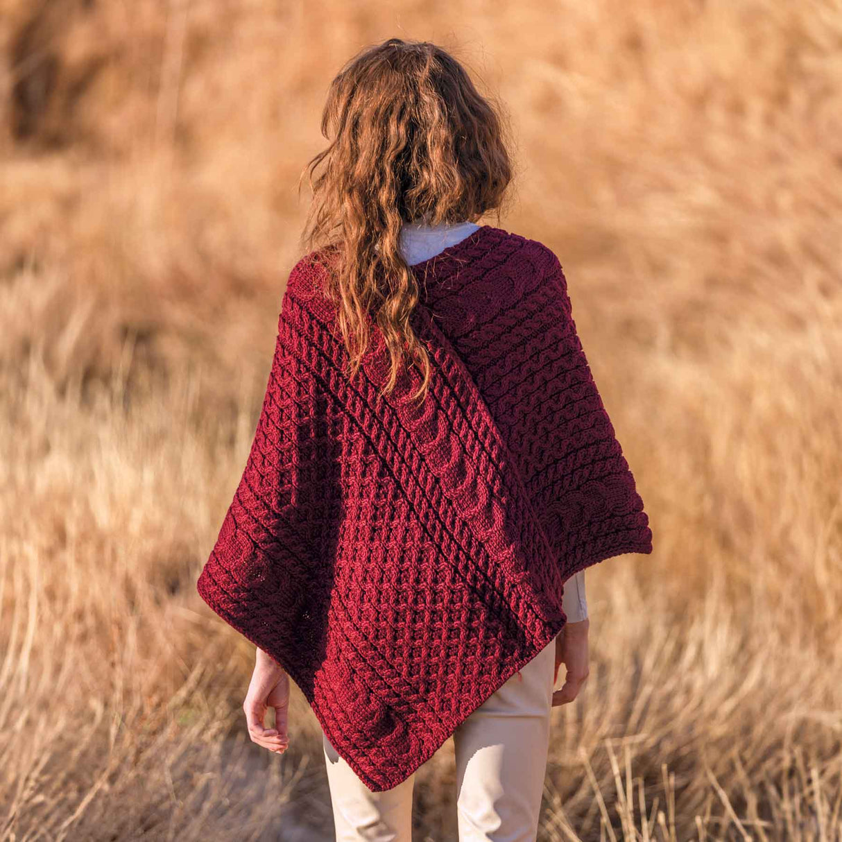 Women's Cable Knit Poncho, Wine - Creative Irish Gifts