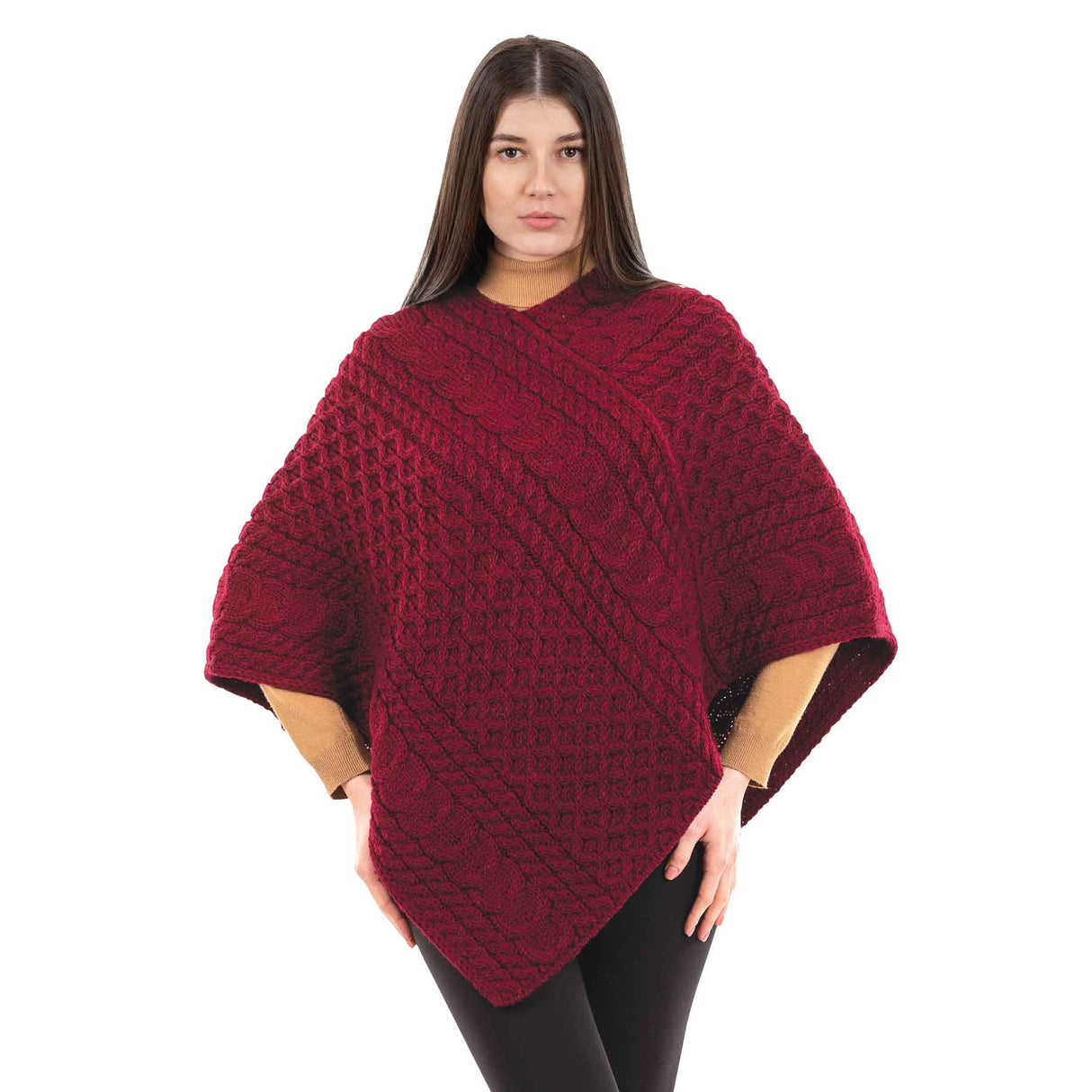 Women's Cable Knit Poncho, Wine - Creative Irish Gifts