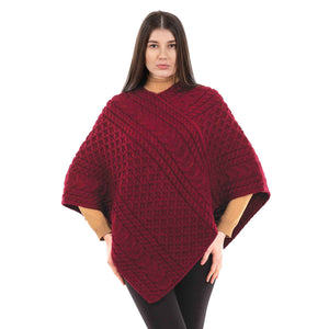 Women's Cable Knit Poncho, Wine - Creative Irish Gifts