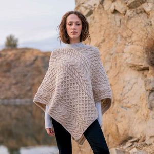 Women's Cable Knit Poncho, Parsnip - Creative Irish Gifts