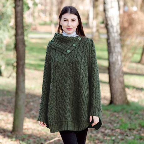 Women's Cowl Neck Button Poncho, Army Green - Creative Irish Gifts