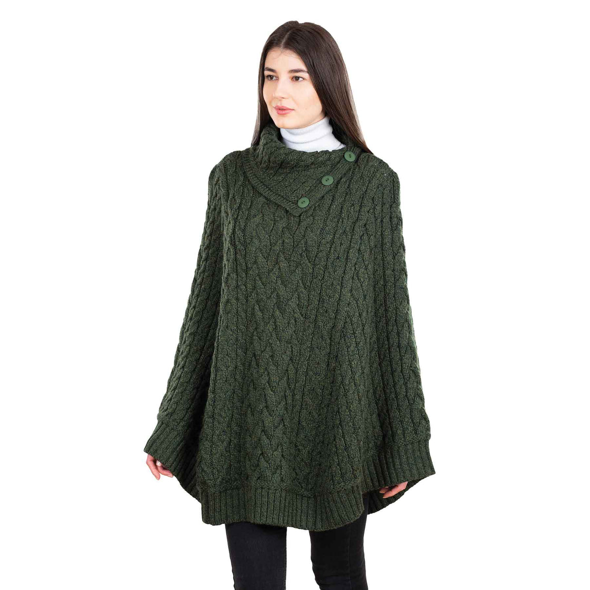 Women's Cowl Neck Button Poncho, Army Green - Creative Irish Gifts