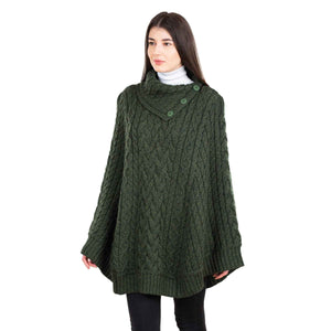 Women's Cowl Neck Button Poncho, Army Green - Creative Irish Gifts