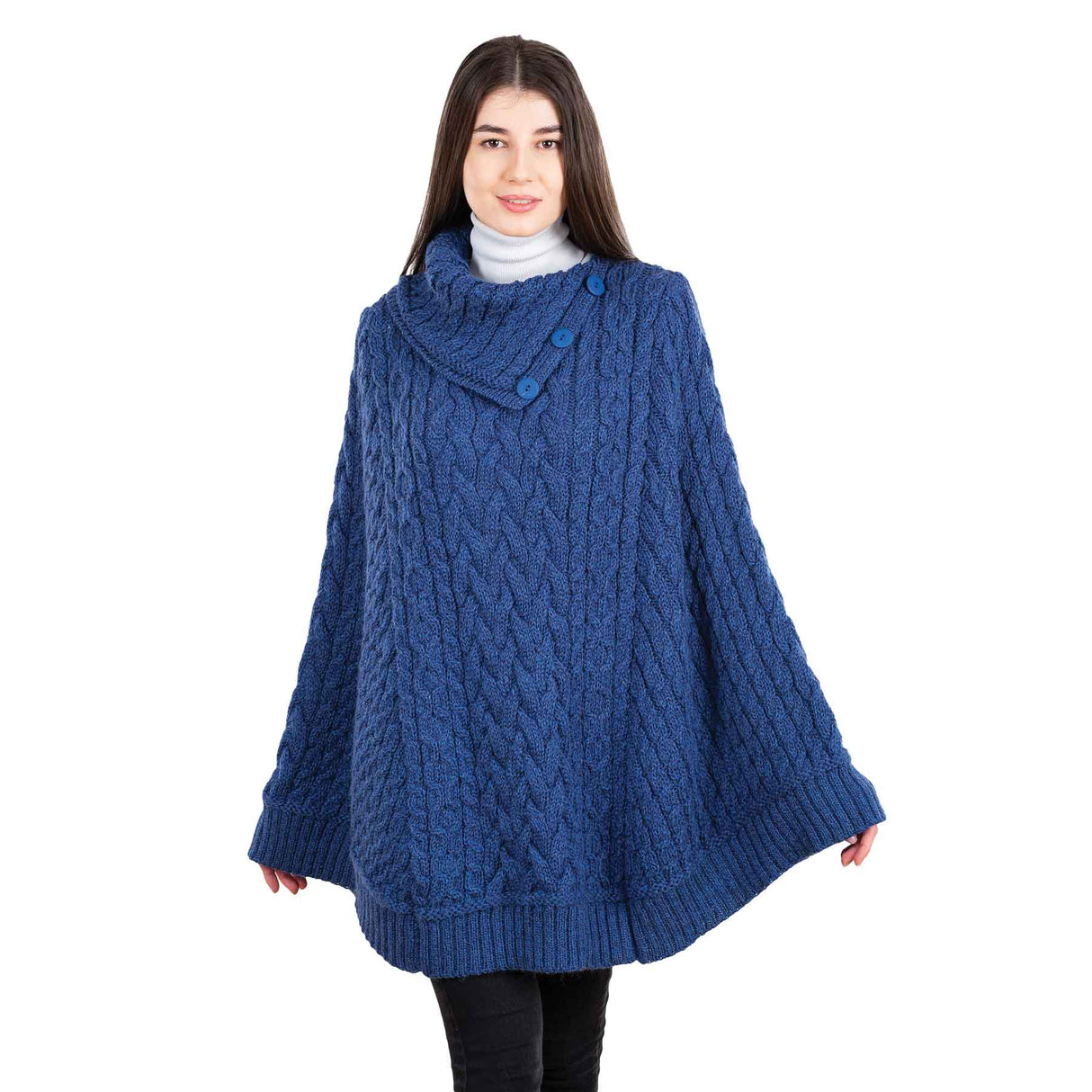 Women's Cowl Neck Button Poncho, Marl Blue - Creative Irish Gifts