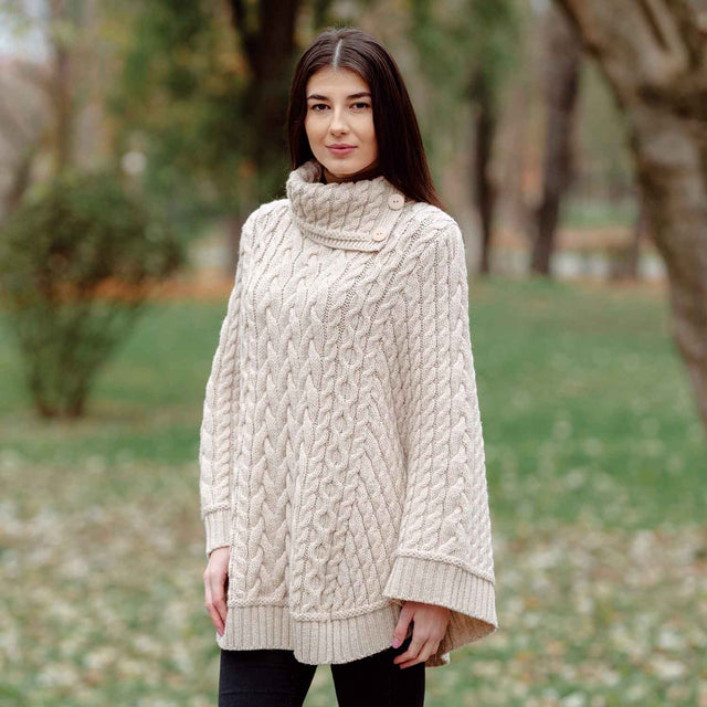 Women's Cowl Neck Button Poncho, Parsnip - Creative Irish Gifts