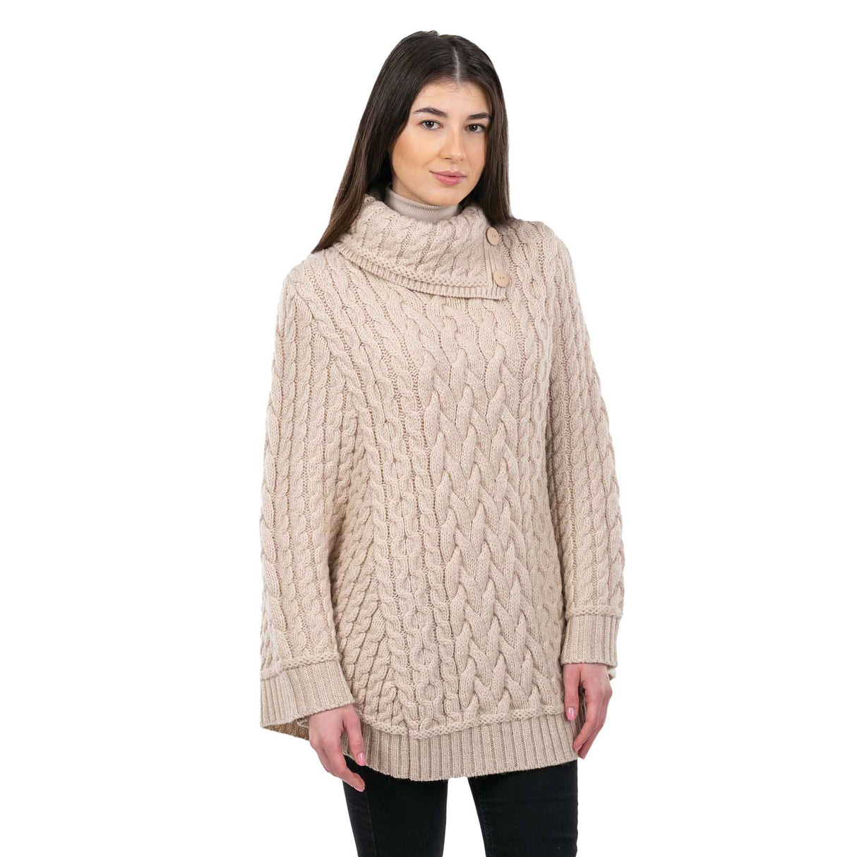 Women's Cowl Neck Button Poncho, Parsnip - Creative Irish Gifts