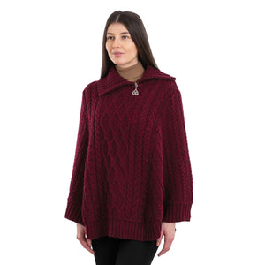 Women's Cowl Neck Zipper Poncho, Wine - Creative Irish Gifts