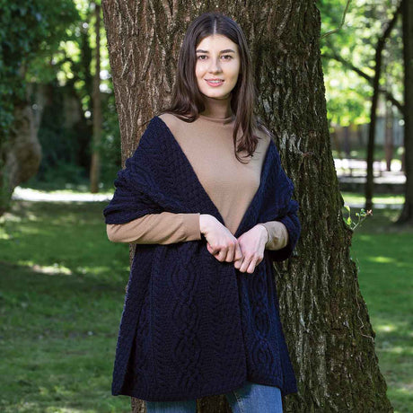 Women's Classic Cable Wool Wrap, Navy - Creative Irish Gifts