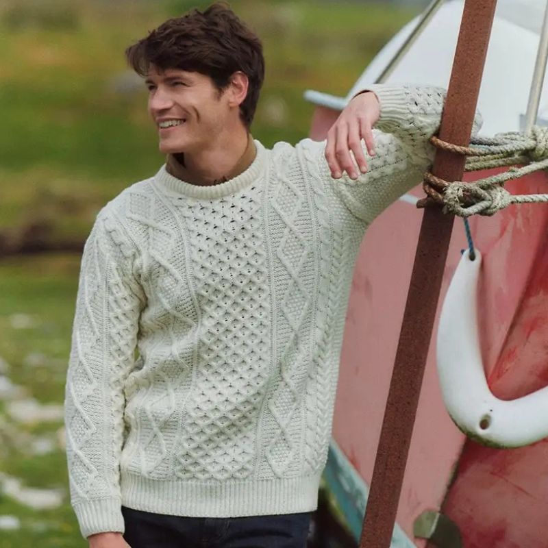 Men's Traditional Wool Irish Aran Sweater White Creative Irish Gifts