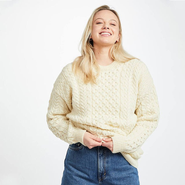 CN025-SWT--SM Traditional Wool Crew Neck Aran Sweater, Cream Creative Irish gift