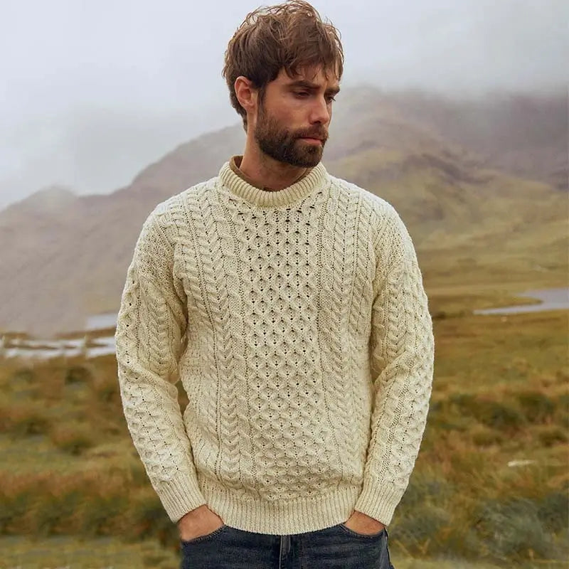 CN025-SWT-SM Traditional Wool Crew Neck Aran Sweater Cream Lifestyle Creative Irish gift