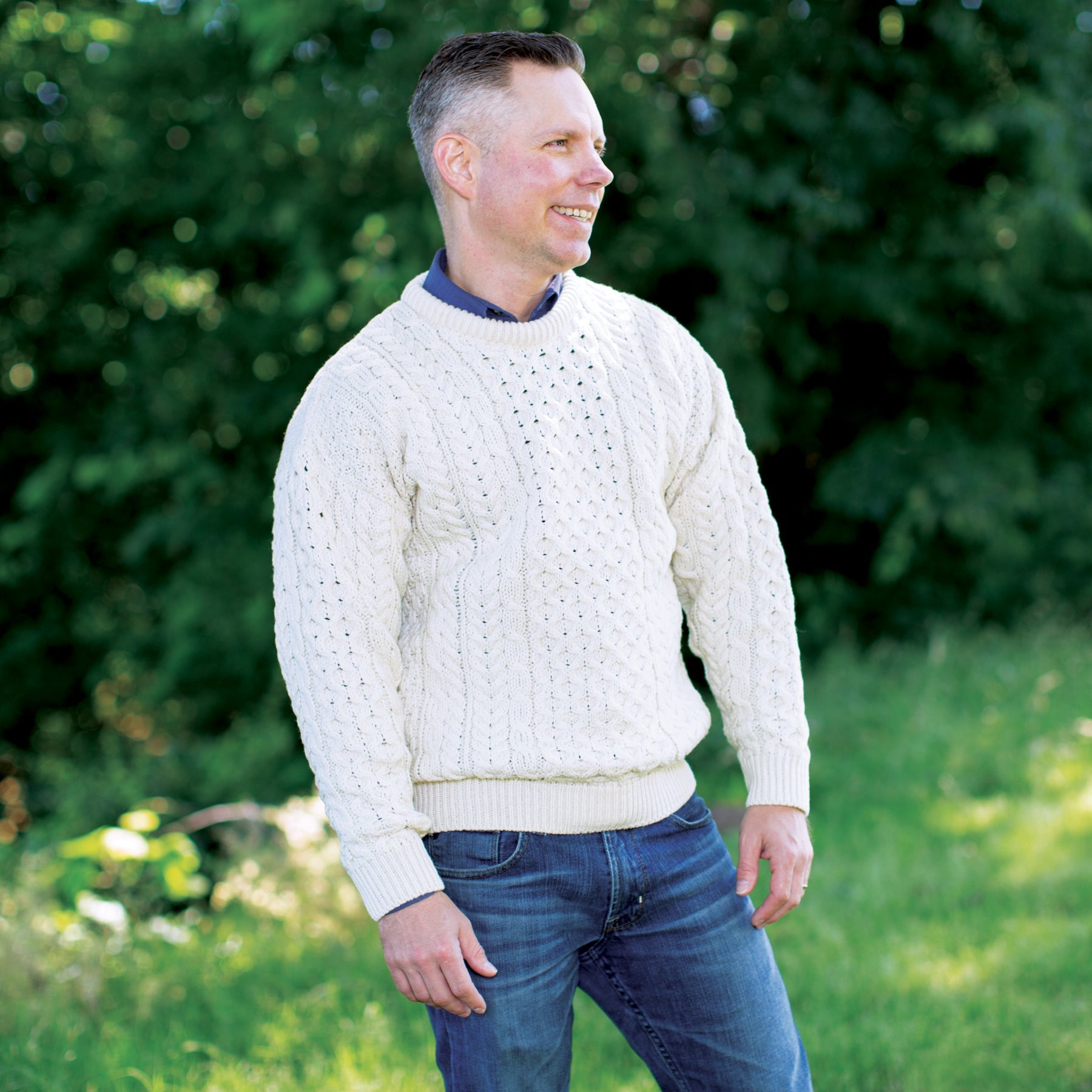 Men's Traditional Merino Wool Aran Sweater Cream Small