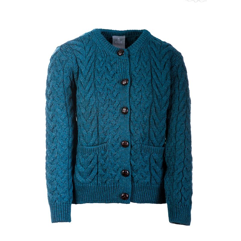 Classic Women's Aran Merino Wool Cardigan Teal Creative Irish Gift.com
