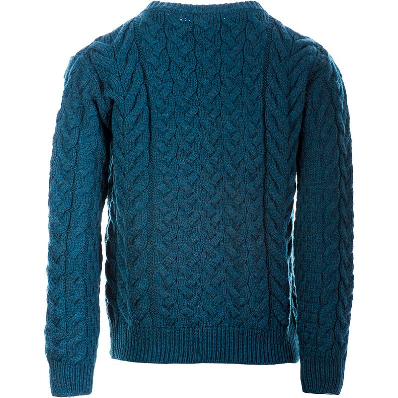 Classic Women's Aran Merino Wool Cardigan Teal Back View Creative Irish Gift.com
