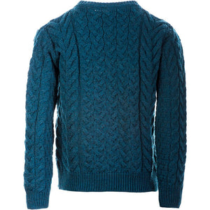 Classic Women's Aran Merino Wool Cardigan Teal Back View Creative Irish Gift.com