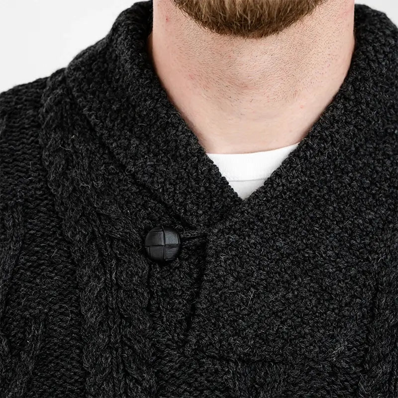 CZ075-GRNMD Men's Merino Wool Shawl Collar Irish Sweater Charcoal Closely Creative Irish Gifts