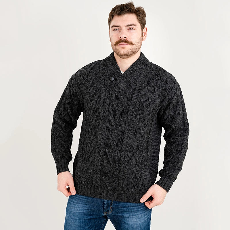 CZ075-GRNMD Men's Merino Wool Shawl Collar Irish Sweater Charcoal Studio Creative Irish Gifts