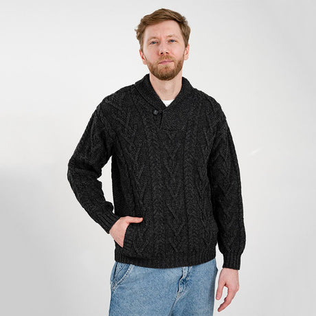 CZ075-GRNMD Men's Merino Wool Shawl Collar Irish Sweater, Charcoal Creative Irish Gifts.com
