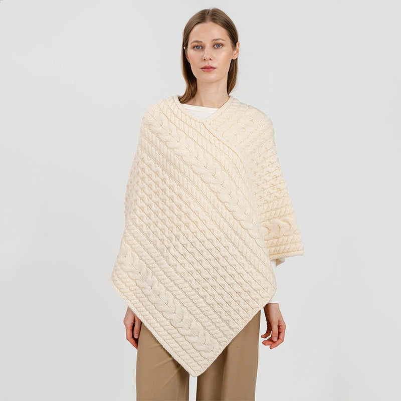 FL176-600 Women's Merino Wool Aran Triangular Poncho, Natural Creative Irish Gifts
