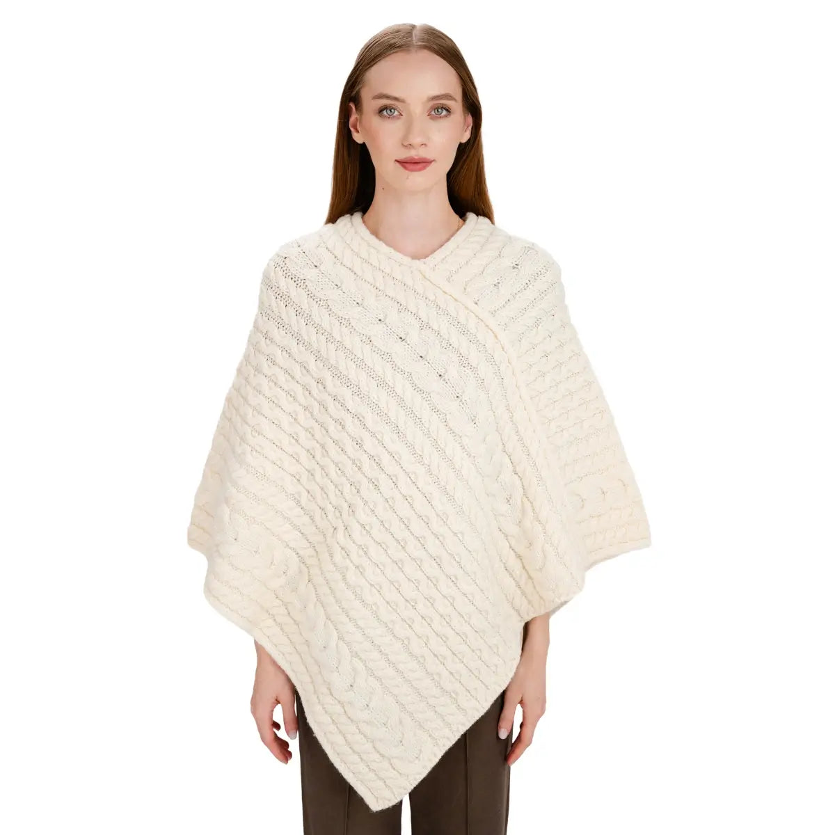 FL176-600 Women's Merino Wool Aran Triangular Poncho, Natural Creative Irish Gifts

