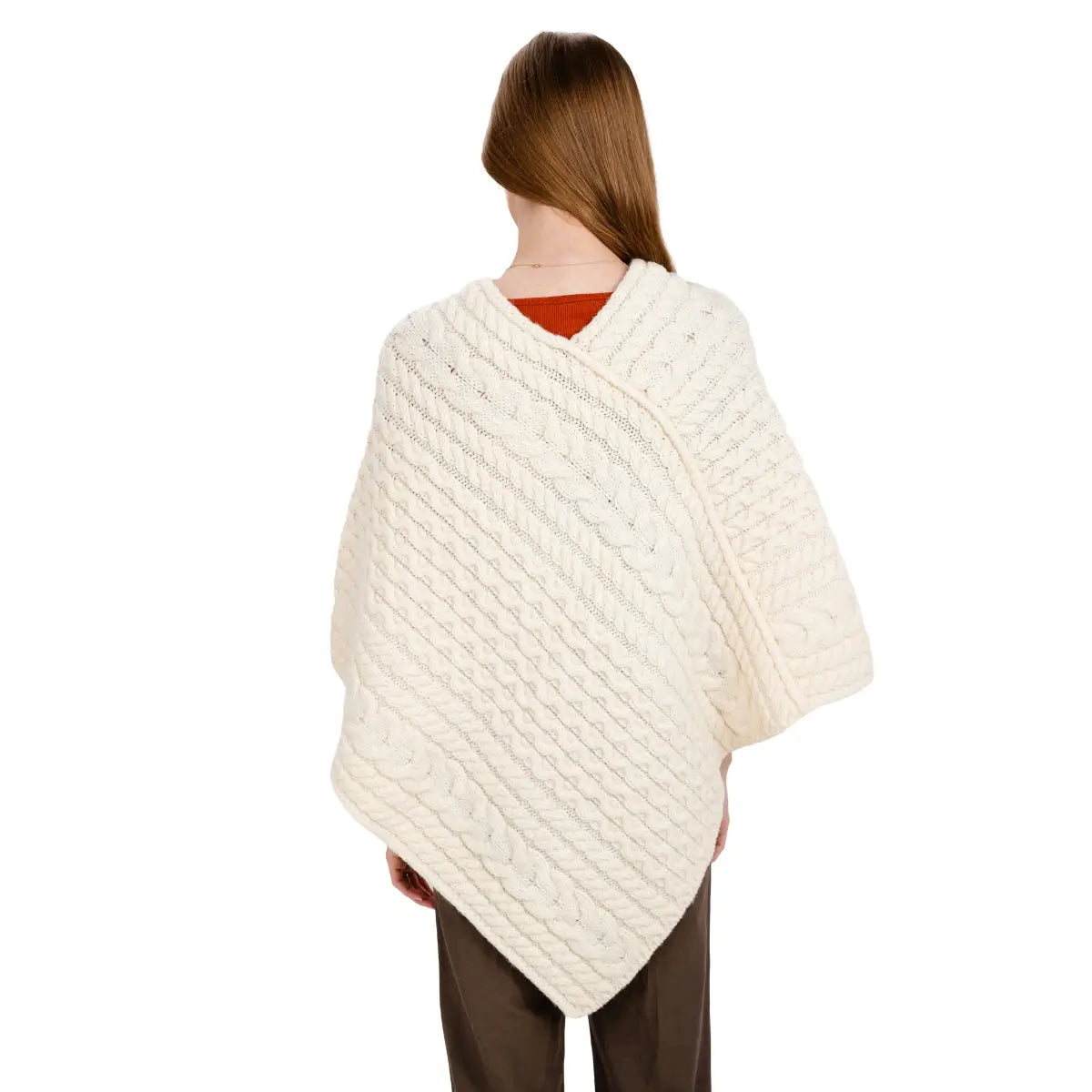 FL176-600 Women's Merino Wool Aran Triangular Poncho, Natural Back View Creative Irish Gifts
