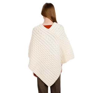 FL176-600 Women's Merino Wool Aran Triangular Poncho, Natural Back View Creative Irish Gifts
