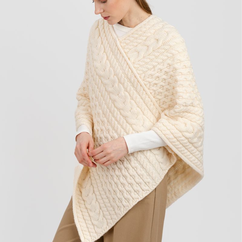FL176-600 Women's Merino Wool Aran Triangular Poncho, White side view Creative Irish Gifts
