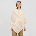 FL176-600 Women's Merino Wool Aran Triangular Poncho, White Front View Creative Irish Gifts
