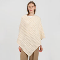 FL176-600 Women's Merino Wool Aran Triangular Poncho, White Front View Creative Irish Gifts
