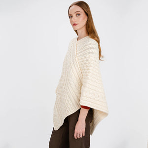FL176-600 Women's Merino Wool Aran Triangular Poncho, Natural Side View Creative Irish Gifts
