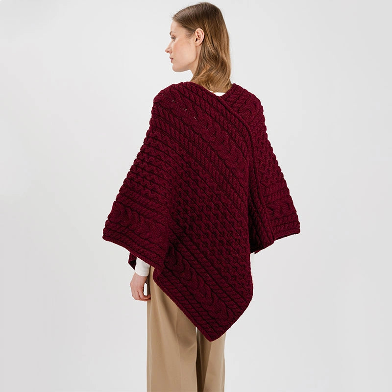 FL176-608 Women's Merino Wool Aran Triangular Poncho, Wine Back View Creative Irish Gifts
