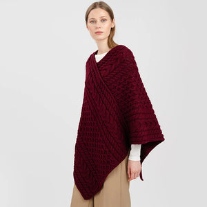 FL176-608 Women's Merino Wool Aran Triangular Poncho, Wine Creative Irish Gifts
