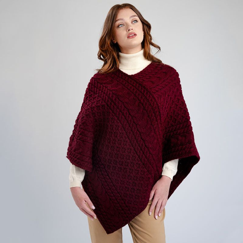 FL176-608 Women's Merino Wool Aran Triangular Poncho, Wine Front View Creative Irish Gifts
