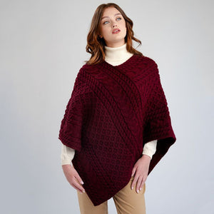 FL176-608 Women's Merino Wool Aran Triangular Poncho, Wine Front View Creative Irish Gifts
