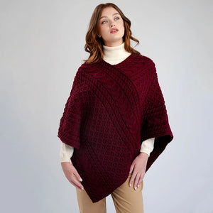 FL176-608 Women's Merino Wool Aran Triangular Poncho, Wine Creative Irish Gifts
