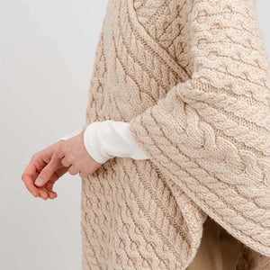 FL176-609 Women's Merino Wool Aran Triangular Poncho, Parsnip Close Up Creative Irish Gifts
