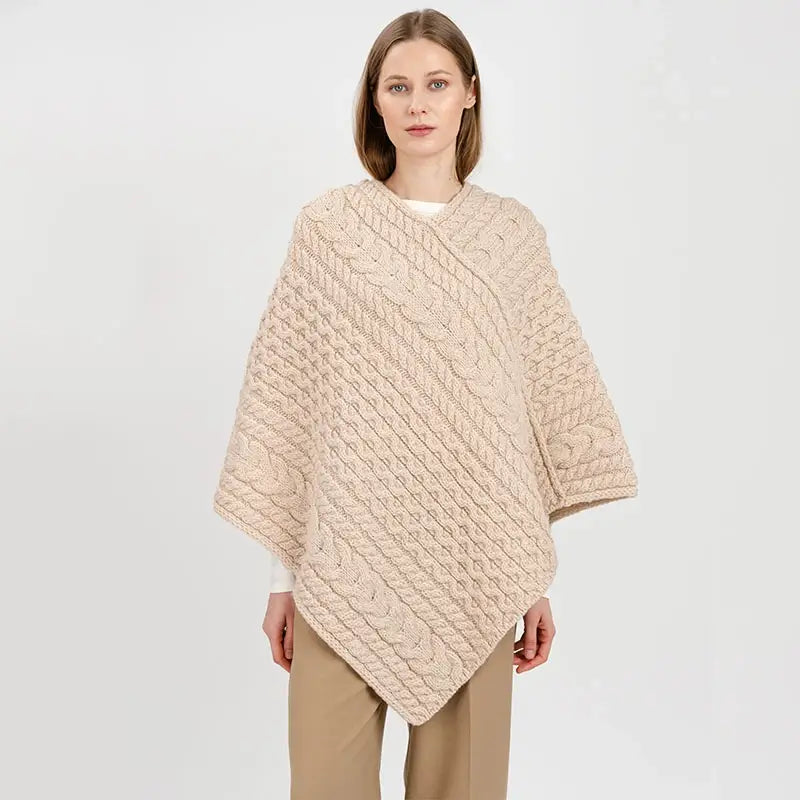 FL176-609 Women's Merino Wool Aran Triangular Poncho, Parsnip Creative Irish Gifts
