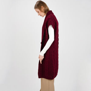 FL177-608 Ladies Virgin Wool Aran Cardigan Wine Side View Creative Irish Gift