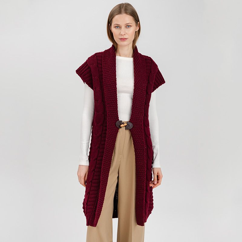 FL177-608 Ladies Virgin Wool Aran Cardigan Wine Front View Creative Irish Gift