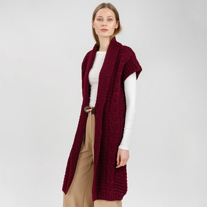 FL177-608 Ladies Virgin Wool Aran Cardigan Wine Studio Creative Irish Gift