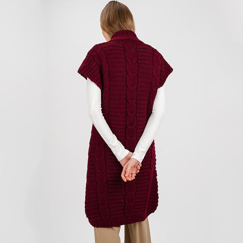 FL177-608 Ladies Virgin Wool Aran Cardigan Wine Back View Creative Irish Gift