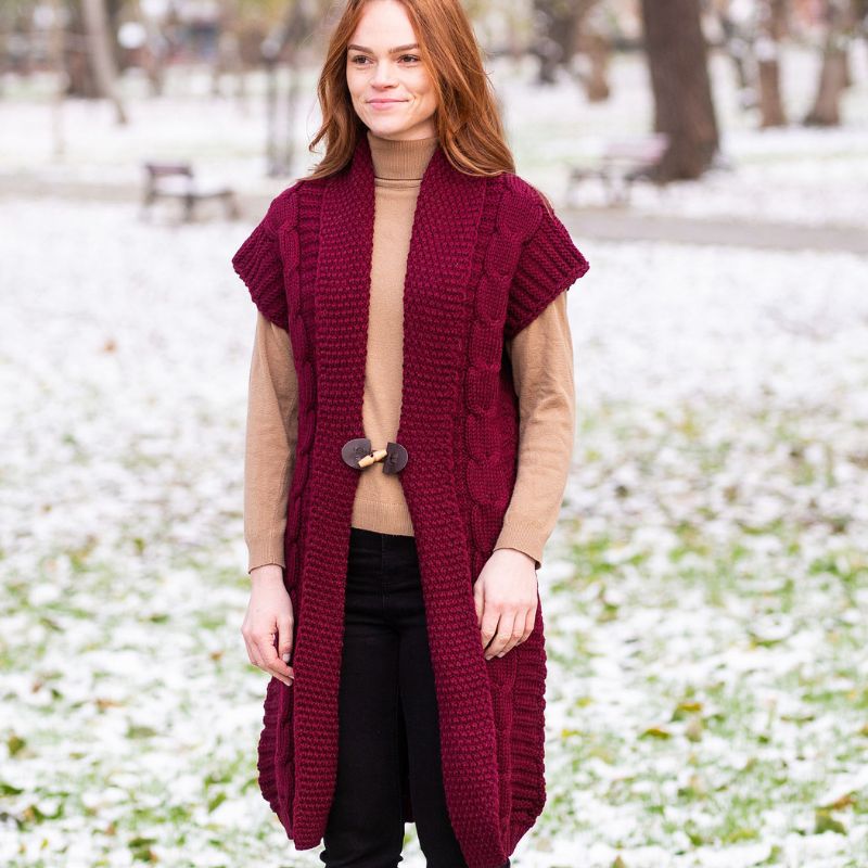 FL177-608 Ladies Virgin Wool Aran Cardigan Wine Lifestyle Creative Irish Gift