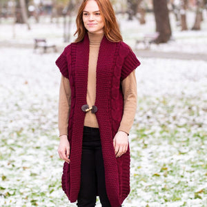 FL177-608 Ladies Virgin Wool Aran Cardigan Wine Lifestyle Creative Irish Gift