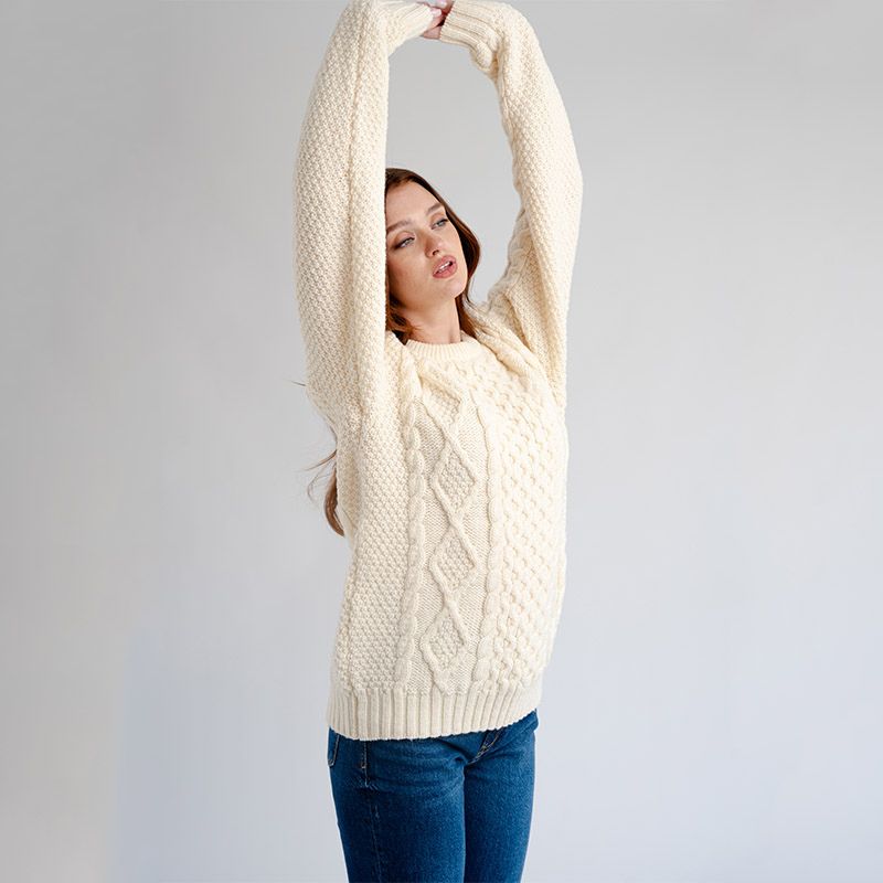 FL194-608 Women's Cable Aran Knit Fisherman Sweater, White studio Creative Irish Gifts
