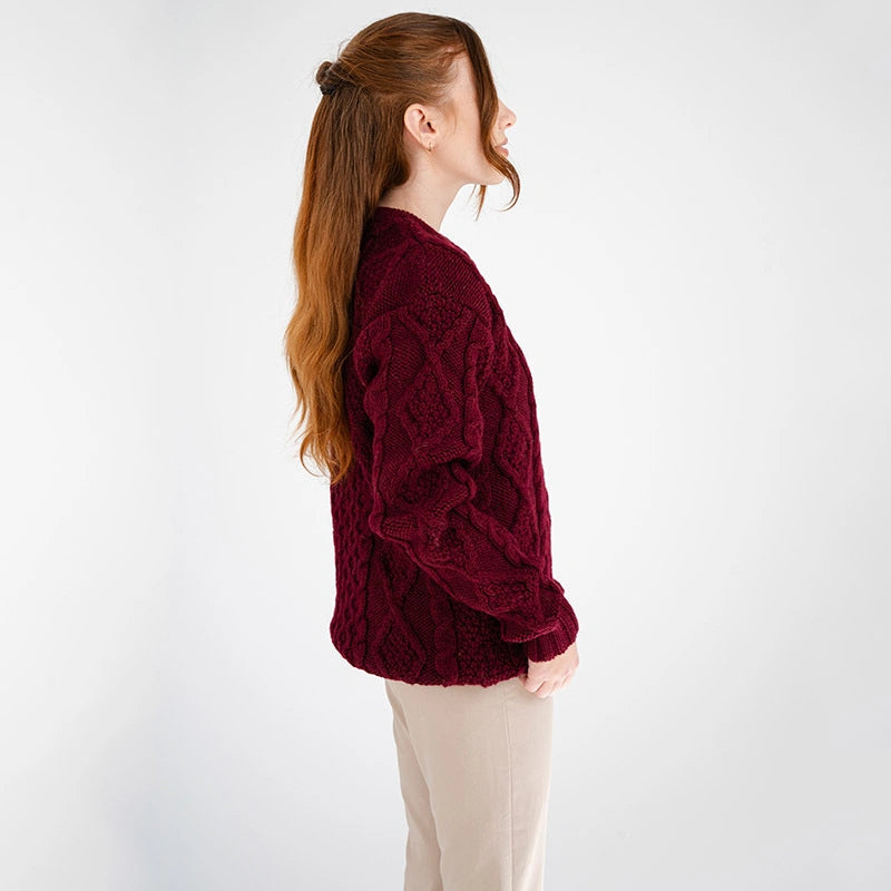 FL194-608 Women's Cable Aran Knit Fisherman Sweater, Wine Side View Creative Irish Gifts
